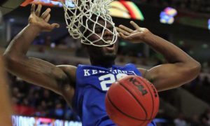 CHICAGO, IL - NOVEMBER 17: Alex Poythress #22 of the Kentucky Wildcats gets his face caught in the net while dunknig against the Duke Blue Devils during the Champions Classic at the United Center on November 17, 2015 in Chicago, Illinois. Kentucky defeated Duke 74-63. (Photo by Jonathan Daniel/Getty Images ORG XMIT: 589453975 ORIG FILE ID: 497593248